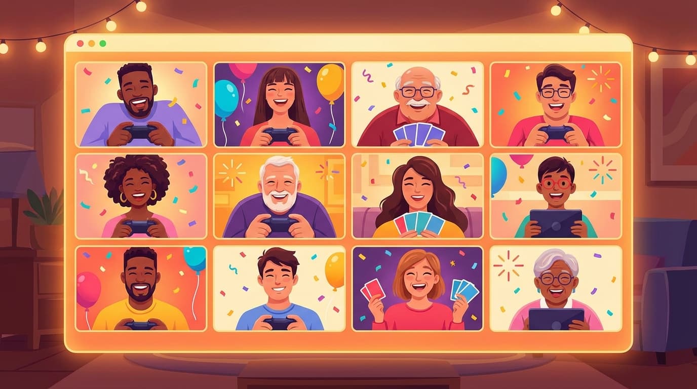 Friends on video call screens all smiling and playing virtual games together, warm and inviting digital illustration