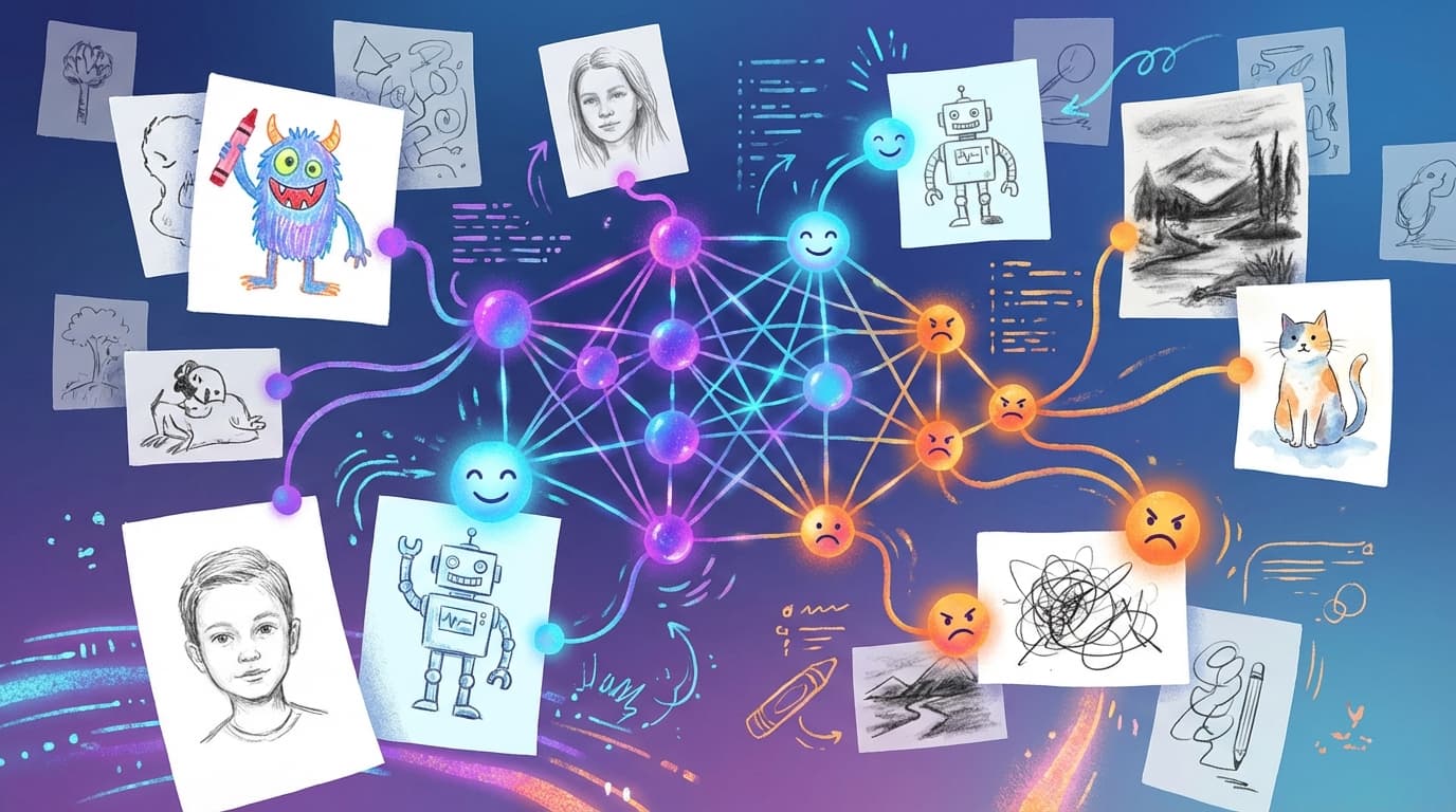 Colorful illustration of a neural network examining and judging various drawings and sketches with glowing AI nodes