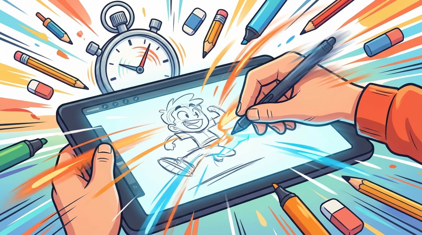 Dynamic illustration of hands rapidly sketching on a digital tablet with motion blur and speed effects showing fast drawing techniques