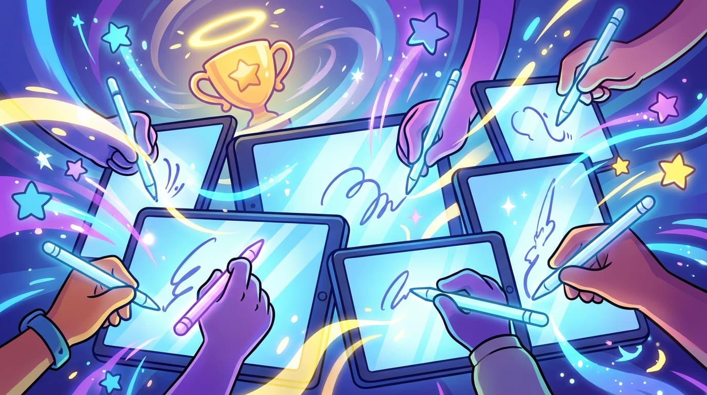 Hands drawing on glowing digital tablets with victory sparkles and trophy, showing speed and skill in online drawing games