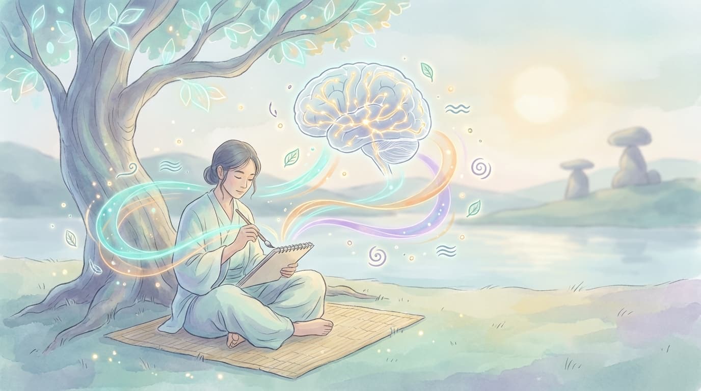 Peaceful illustration of person drawing with creative energy flowing around them, showing brain neural connections and calming atmosphere