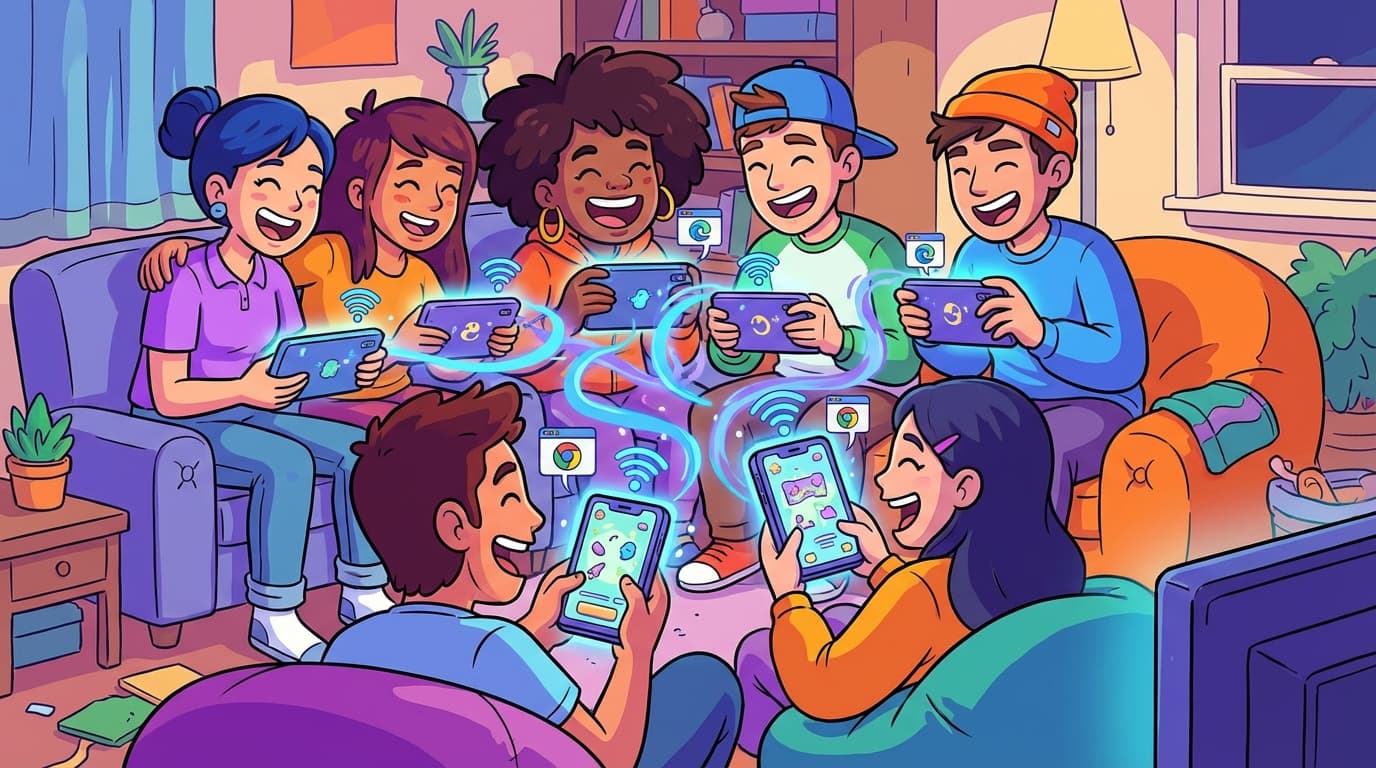 Friends playing multiplayer mobile browser games together on smartphones, colorful fun illustration showing instant gaming without app downloads