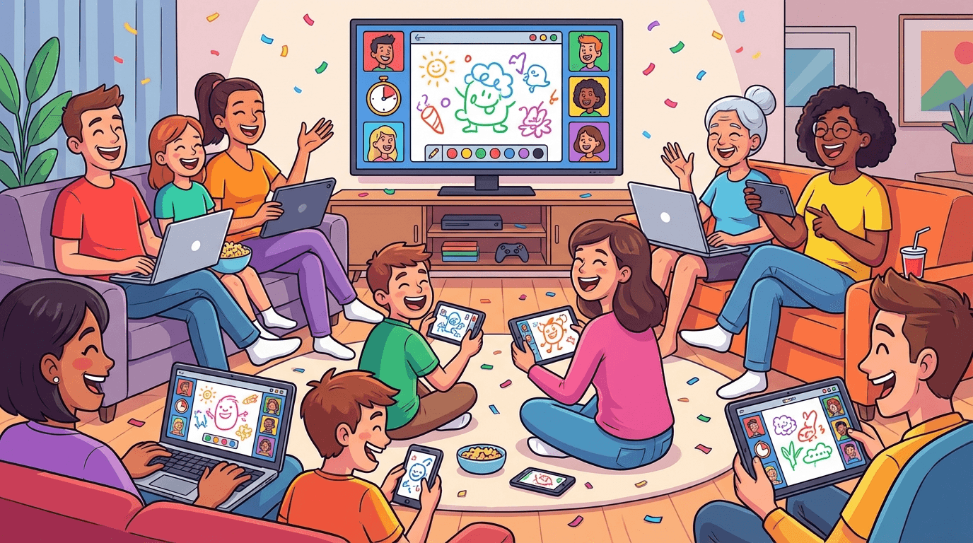 Colorful illustration of friends playing online drawing games together on various devices, multiple screens showing different drawing game interfaces, fun party atmosphere, wide 16:9 aspect ratio, no text