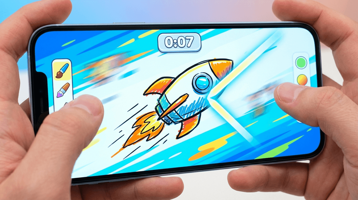 Fast-paced drawing game on mobile phone screen, quick sketch being drawn, timer showing countdown, colorful energetic illustration style, wide 16:9 aspect ratio, no text