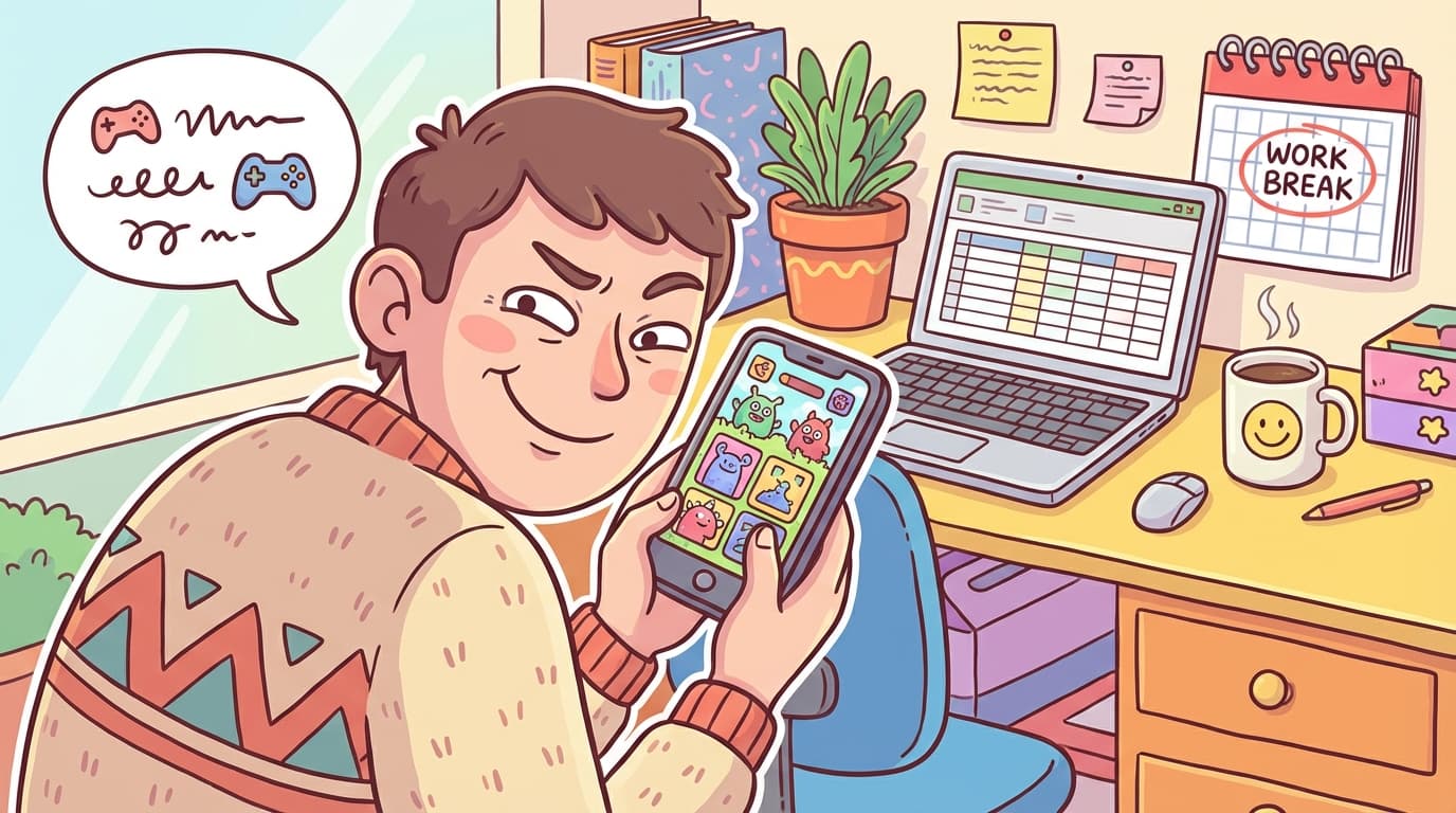 Person playing a fun solo game on their phone during a work break with coffee and laptop nearby