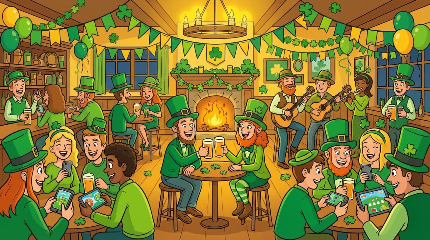 St Patrick's Day party with groups of friends playing games together on their phones with shamrock decorations
