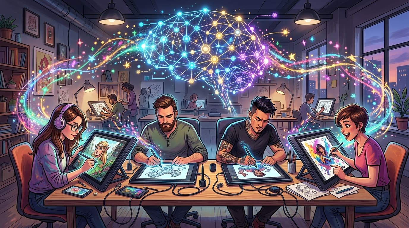 Digital artists collaborating on a speed drawing challenge with tablets and styluses, neural network visualization judging artwork with glowing sparkles, colorful vibrant creative energy