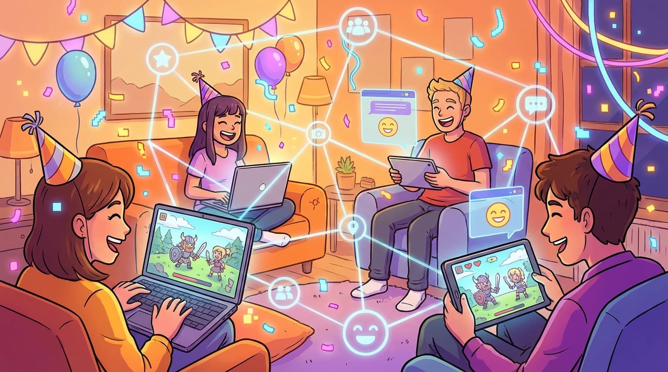 Colorful illustration of friends playing online games together on laptops and tablets with virtual confetti and celebration atmosphere