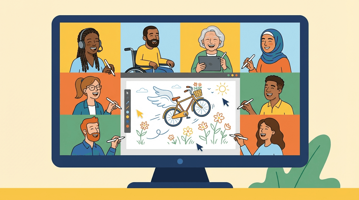 Diverse remote team members laughing together while playing a drawing game on video call, split-screen view showing creative sketches and happy faces