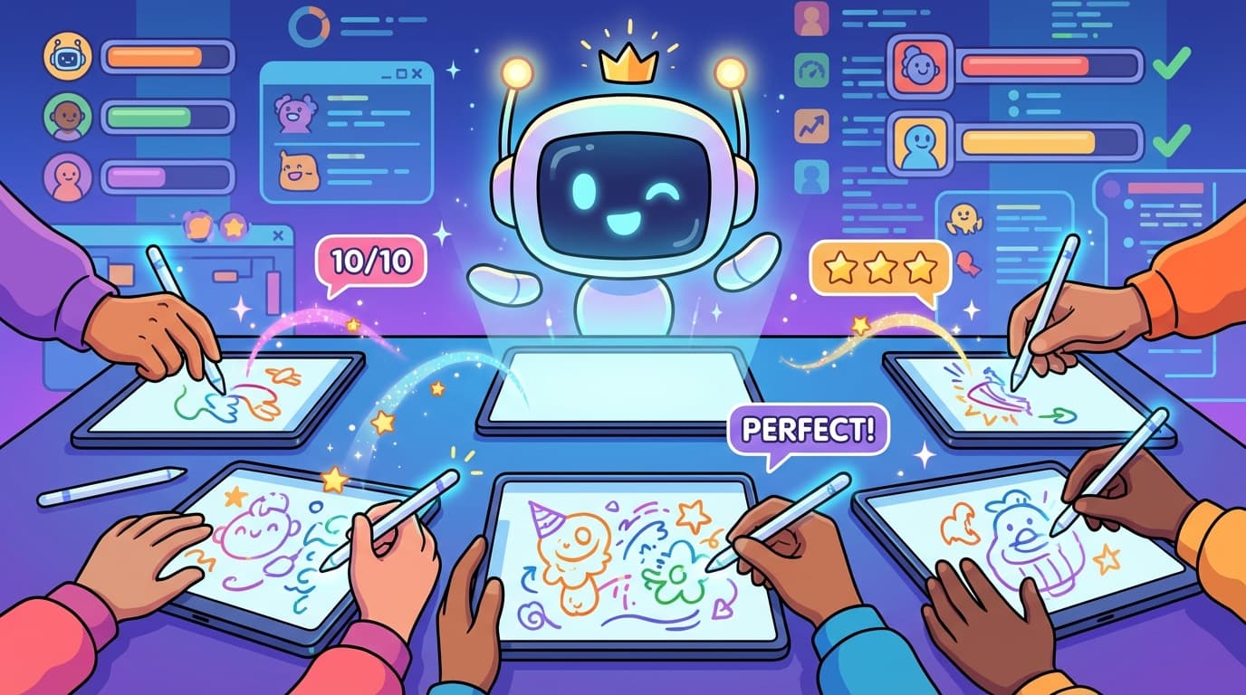 What is Draw Duel guide showing AI robot judging colorful drawings on digital tablets