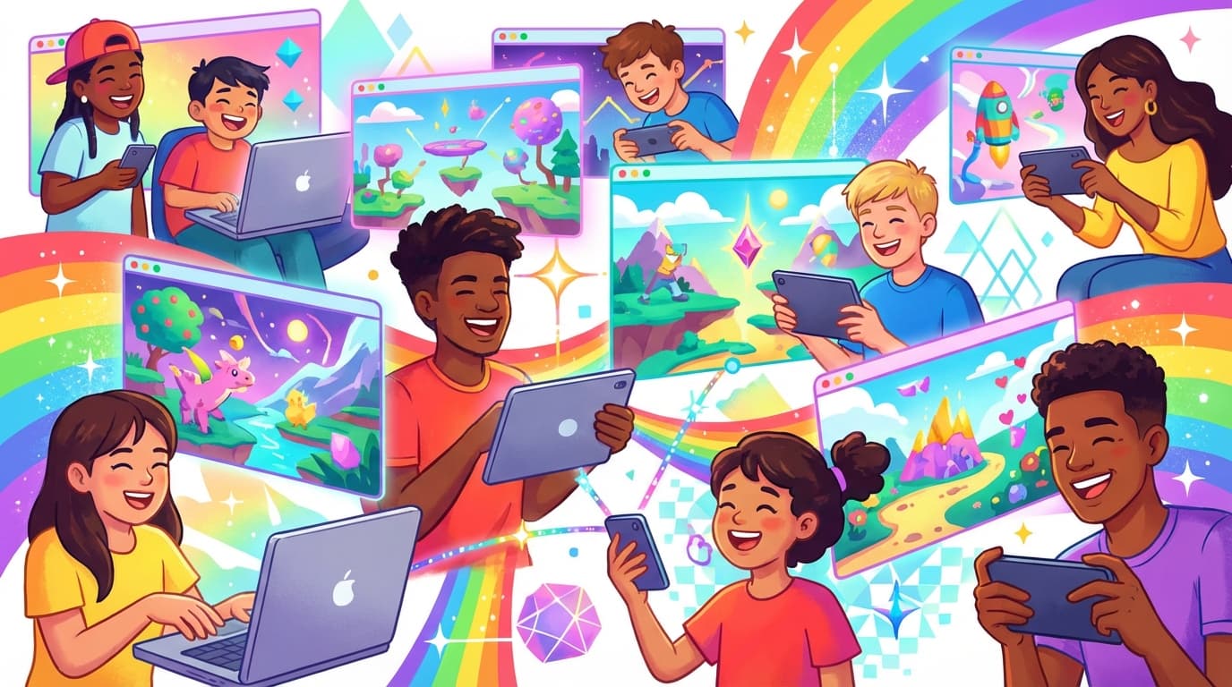 Diverse group of friends playing browser games on various devices - phones, tablets, laptops - with colorful game interfaces floating around them, modern flat design illustration style