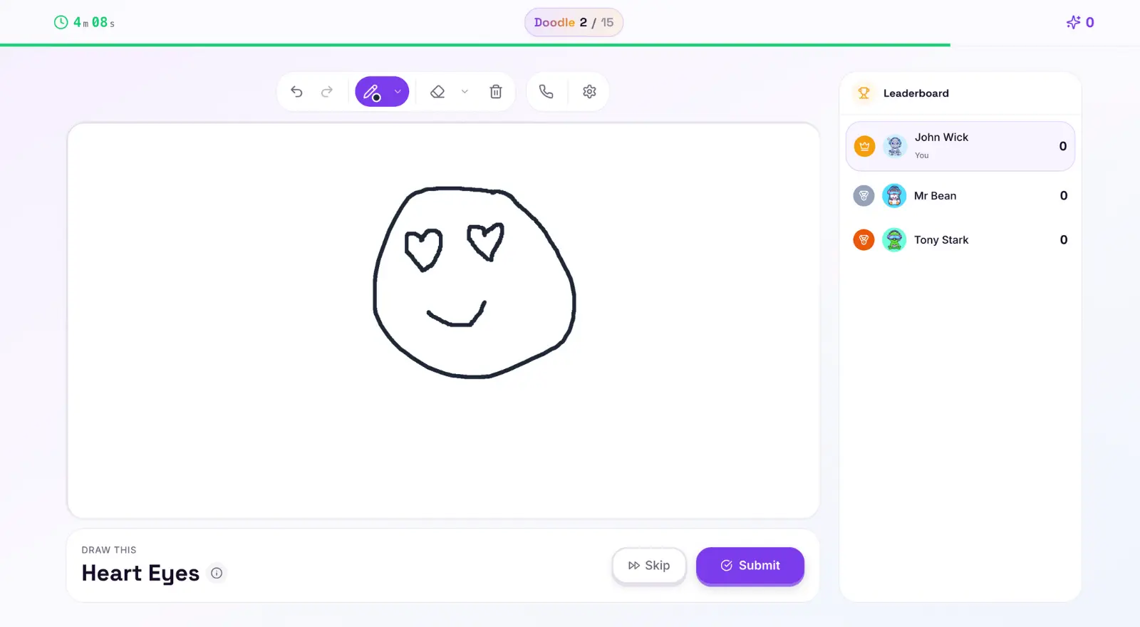 Draw Duel drawing canvas with prompt, 45-second timer, and brush tools